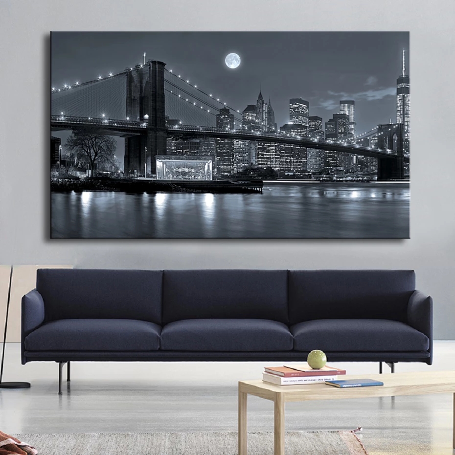 Home Decor New York - Черно-белый пейзаж Нью-Йорк Манхэттен мост плакат